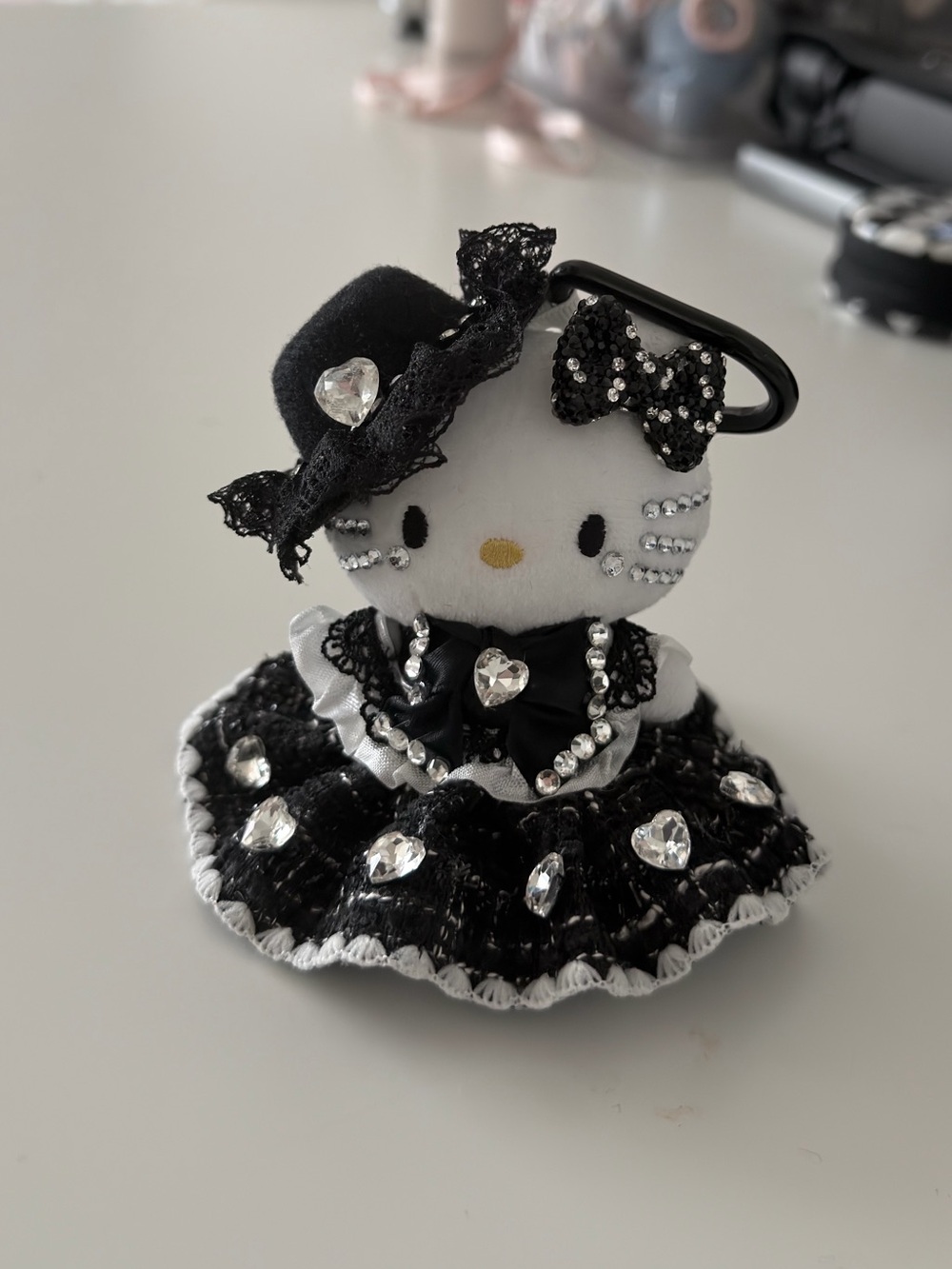 Hello Kitty Black White Rhinestone Dress Keychain